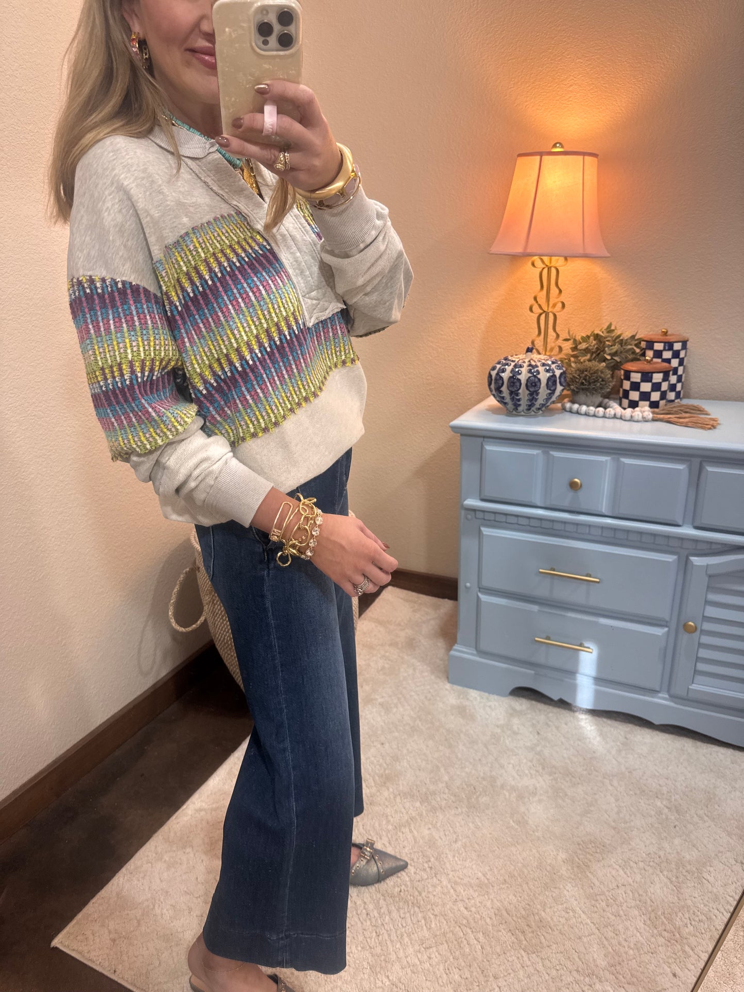 Gray Printed ZigZag Detail Top