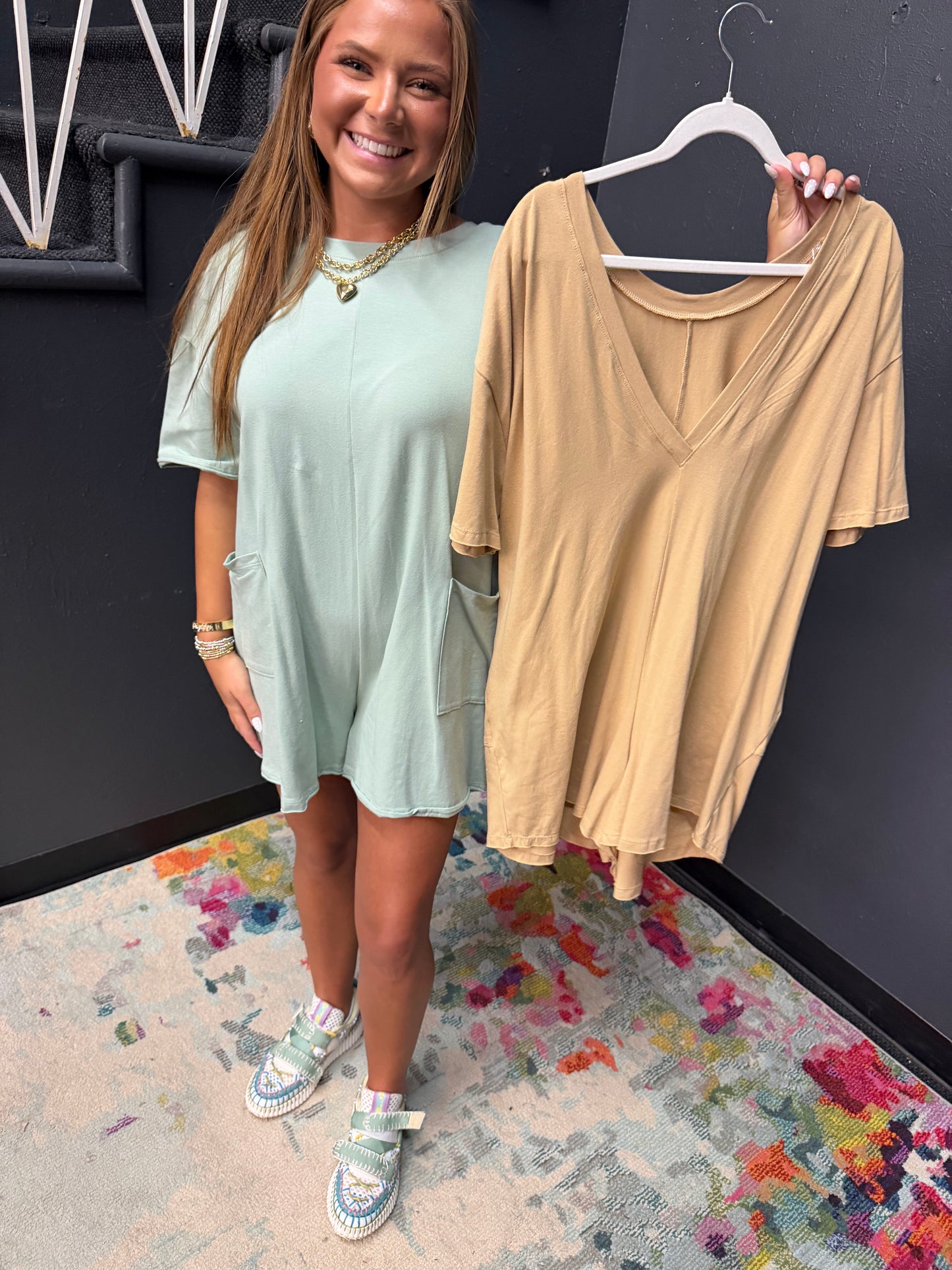 Tan Cotton Romper with Front Pockets
