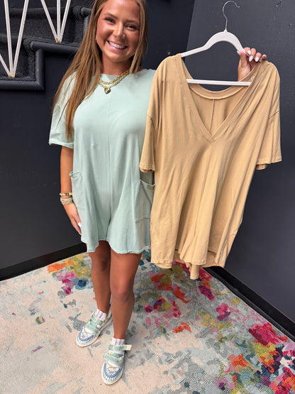 Tan Cotton Romper with Front Pockets