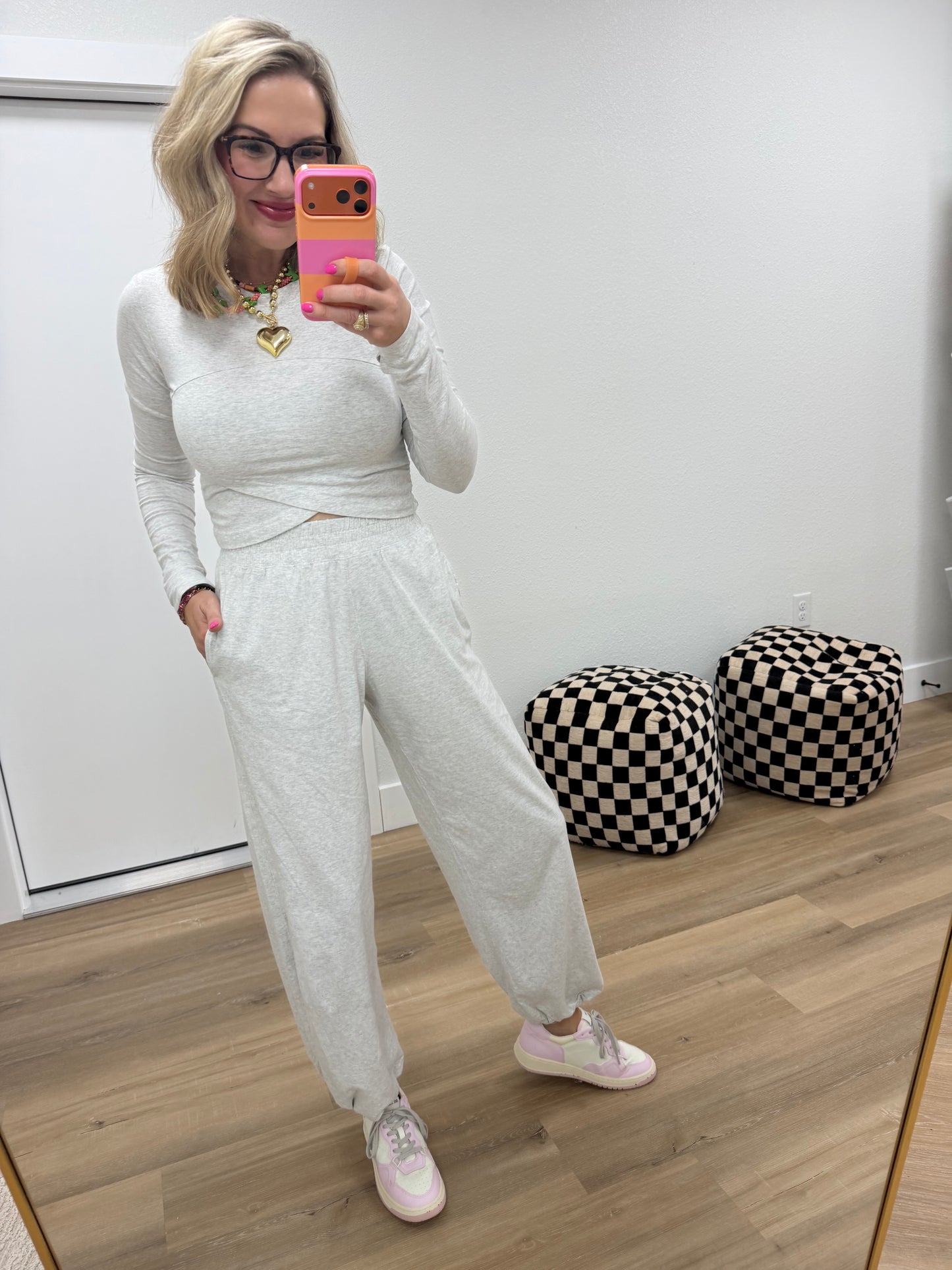 Gray Cotton Lycra Crossover Long Sleeve Set