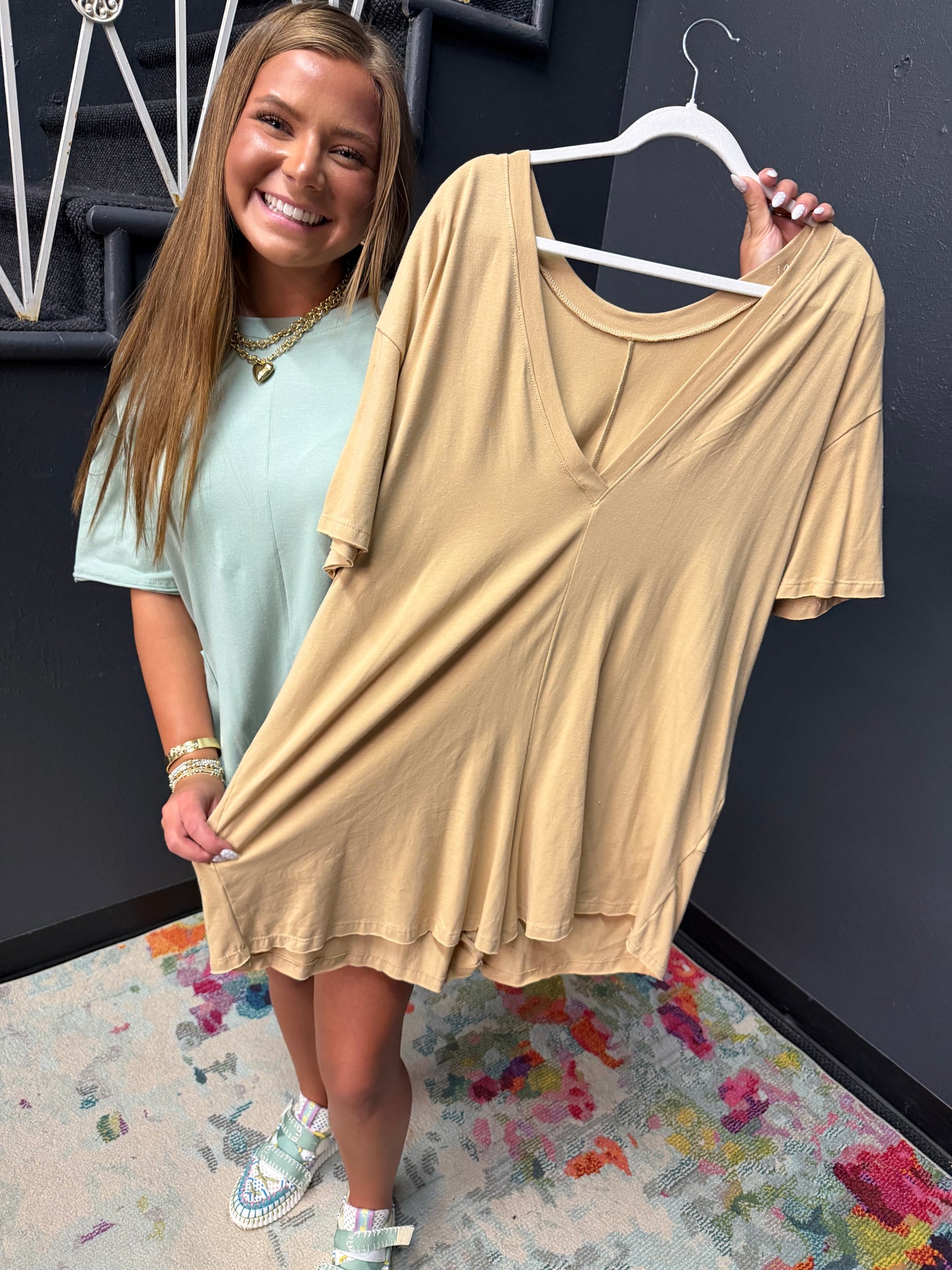 Tan Cotton Romper with Front Pockets