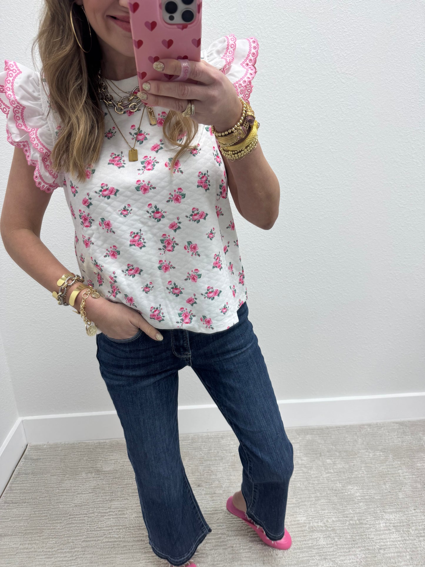 Pink and Cream Ruffle Sleeve Top