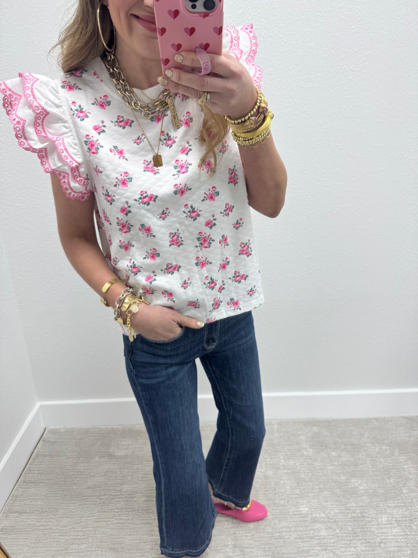 Pink and Cream Ruffle Sleeve Top