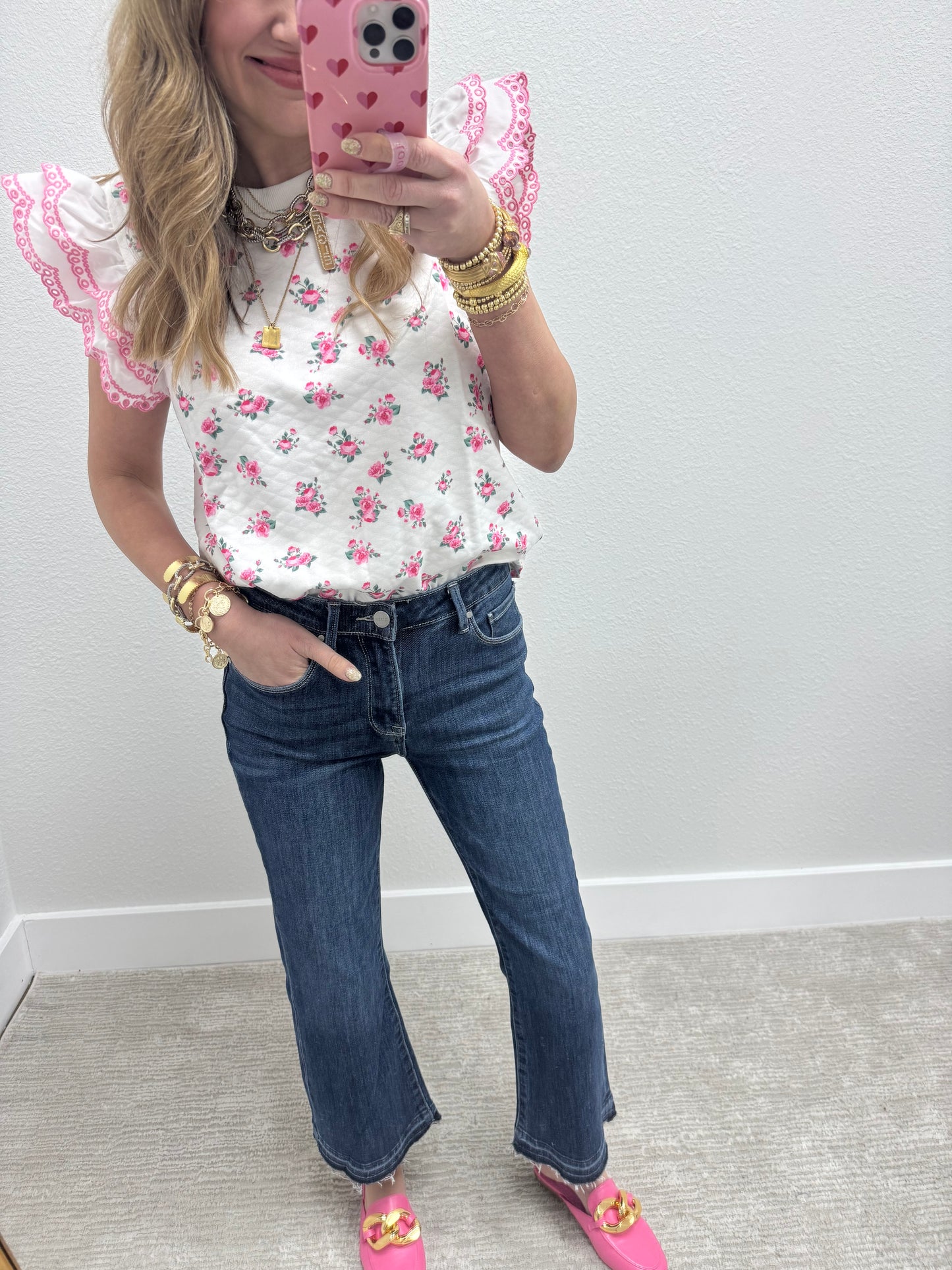 Pink and Cream Ruffle Sleeve Top