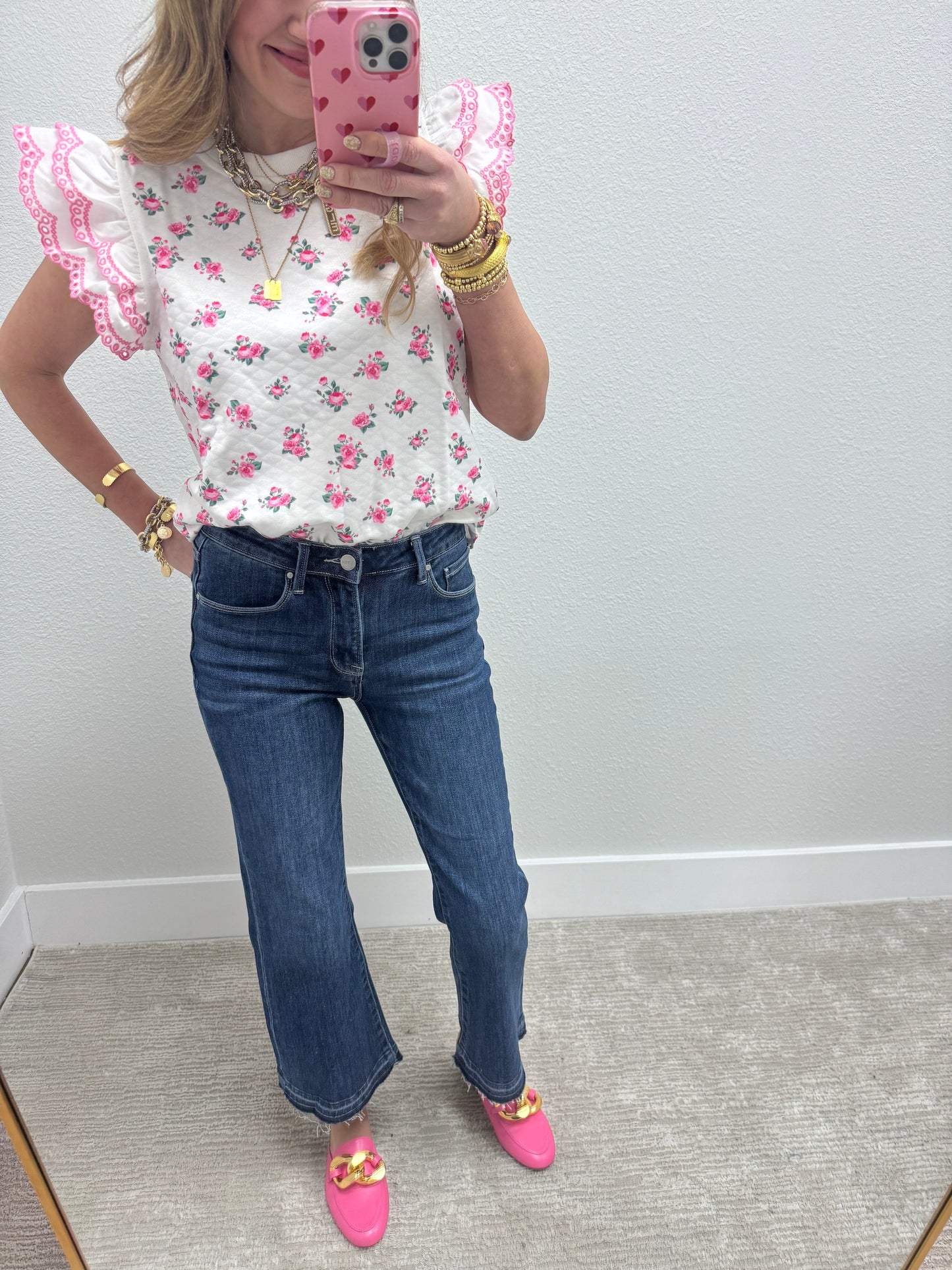 Pink and Cream Ruffle Sleeve Top