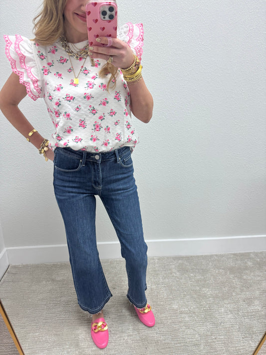 Pink and Cream Ruffle Sleeve Top