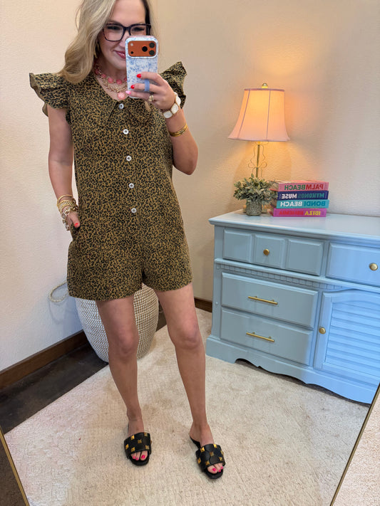 Taupe Leopard Romper with Ruffle Sleeves
