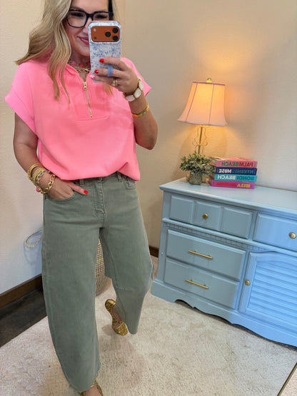 Bright Pink Ribbed High Neck Half Zip Top