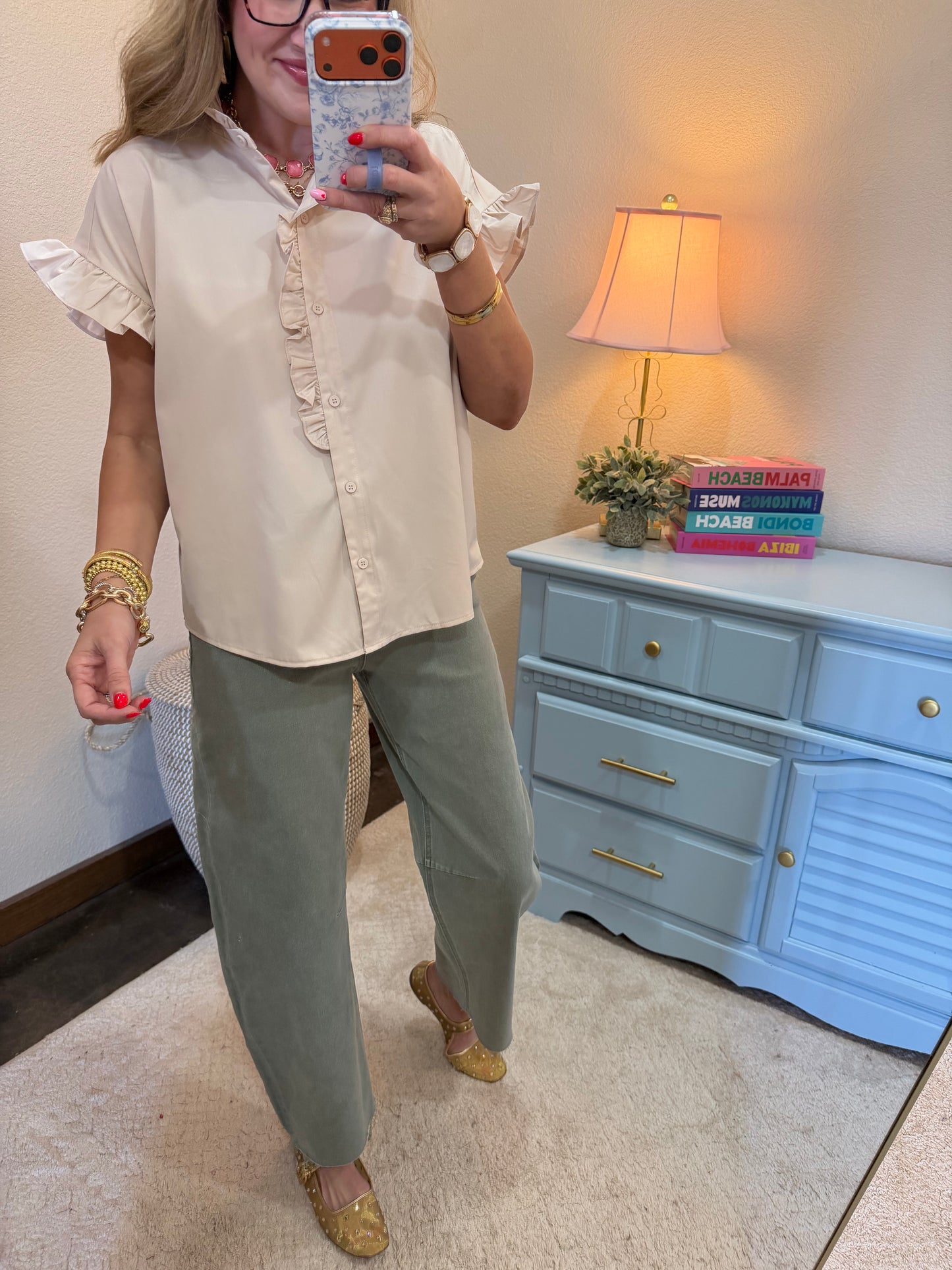 Light Taupe Drop Shoulder Ruffled Neck Top