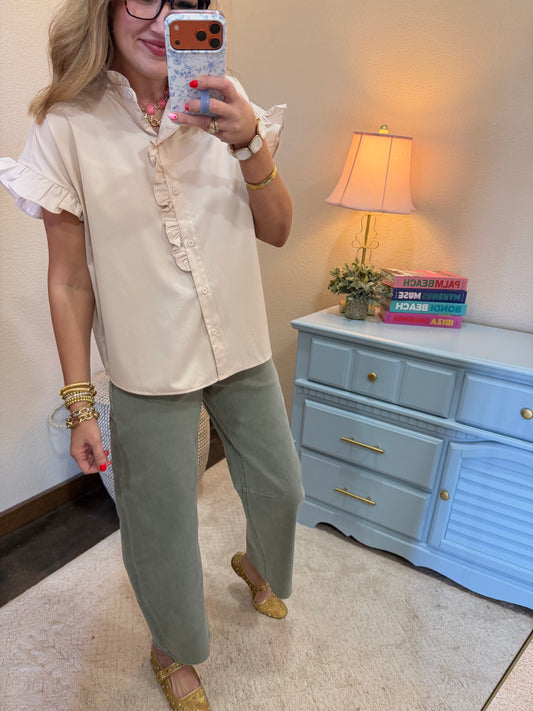 Light Taupe Drop Shoulder Ruffled Neck Top