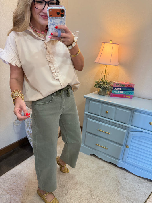 Light Taupe Drop Shoulder Ruffled Neck Top