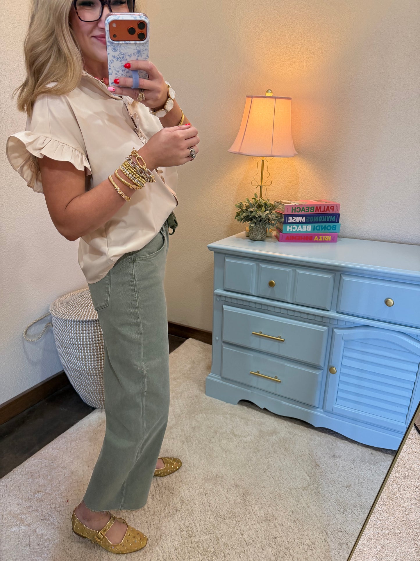 Light Taupe Drop Shoulder Ruffled Neck Top