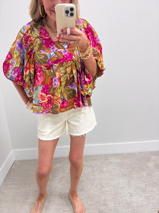 Olive Floral Print Bubble Sleeve Top with Plunge Neck & Tie