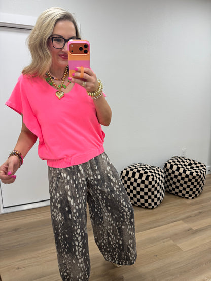 New Neon Pink V-Neck Dolman Sleeve Banded Hem Knit Top