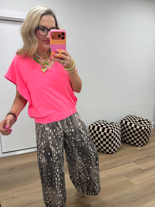 New Neon Pink V-Neck Dolman Sleeve Banded Hem Knit Top