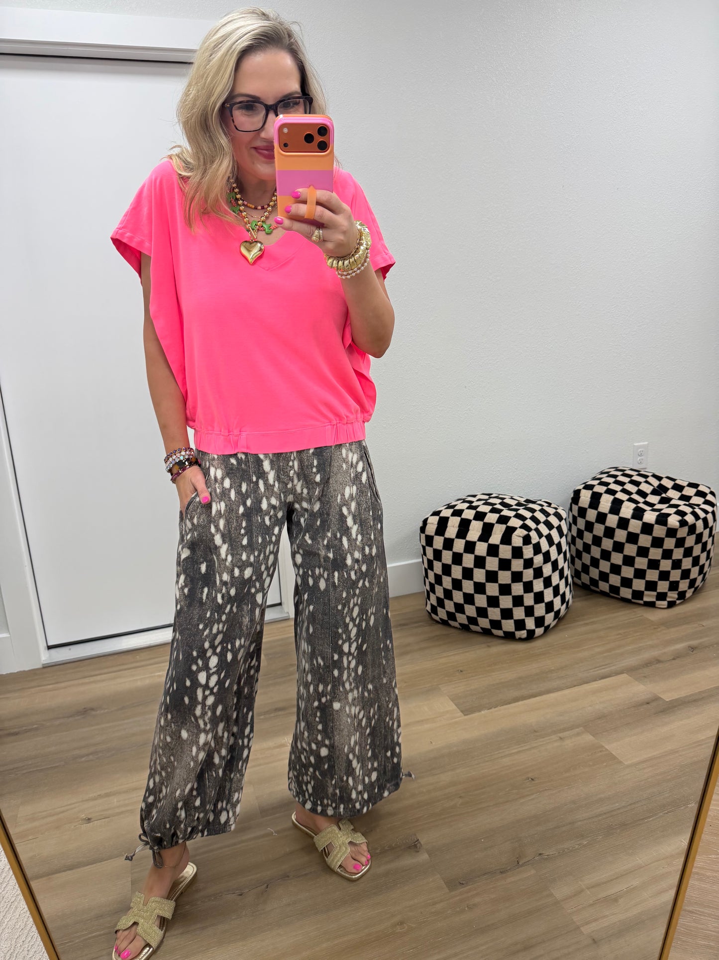 New Neon Pink V-Neck Dolman Sleeve Banded Hem Knit Top