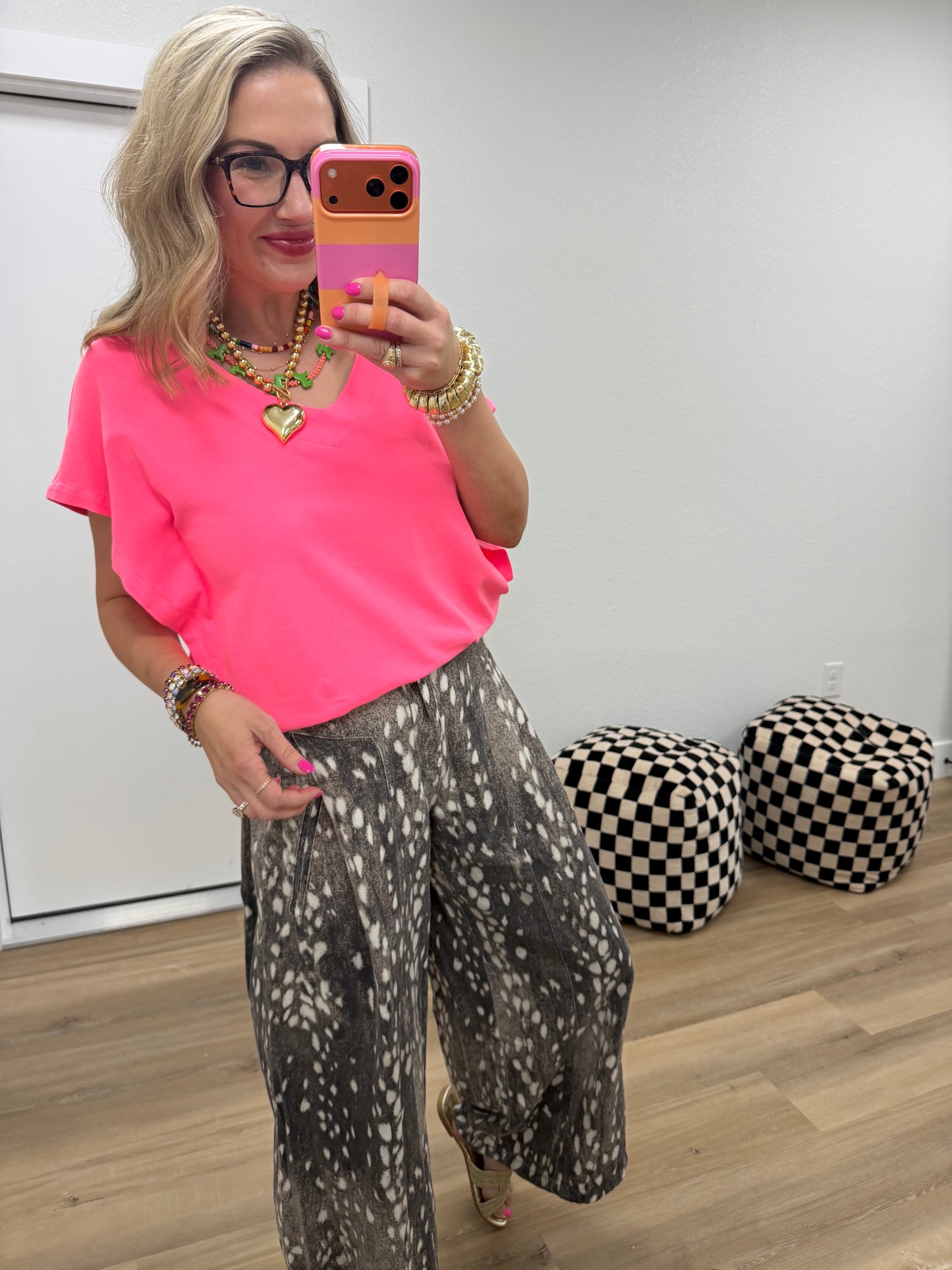 New Neon Pink V-Neck Dolman Sleeve Banded Hem Knit Top