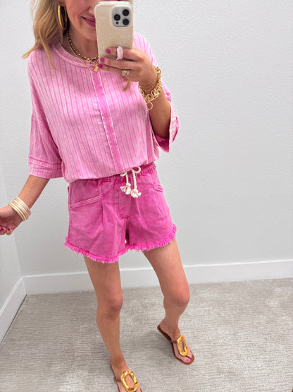 Light Pink Ribbed Drop Shoulder V-Neck Dolman Top