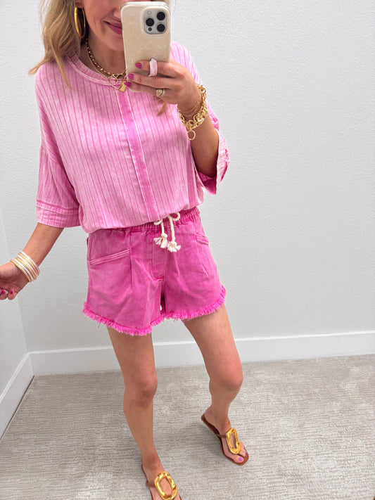 Light Pink Ribbed Drop Shoulder V-Neck Dolman Top