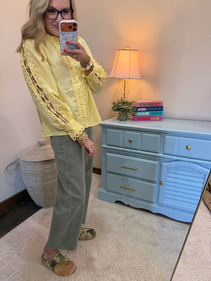 Yellow Button Down Front Detail Ruffle Neck Top