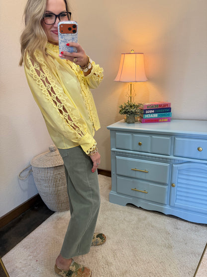 Yellow Button Down Front Detail Ruffle Neck Top