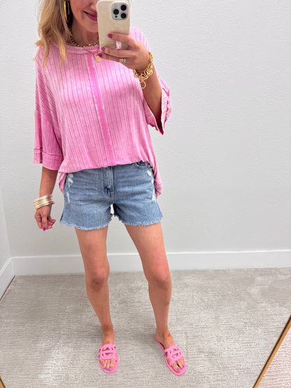 Light Pink Ribbed Drop Shoulder V-Neck Dolman Top