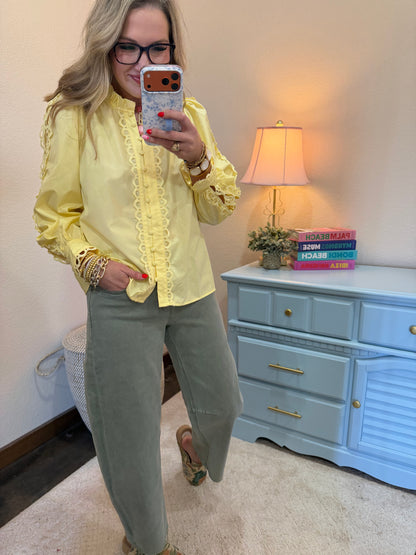 Yellow Button Down Front Detail Ruffle Neck Top