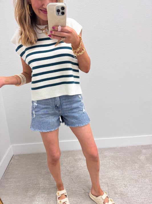Teal and Cream Striped Sweater Vest Top