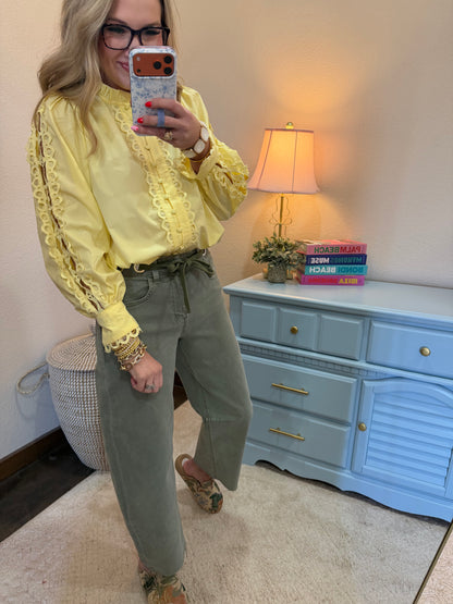 Yellow Button Down Front Detail Ruffle Neck Top