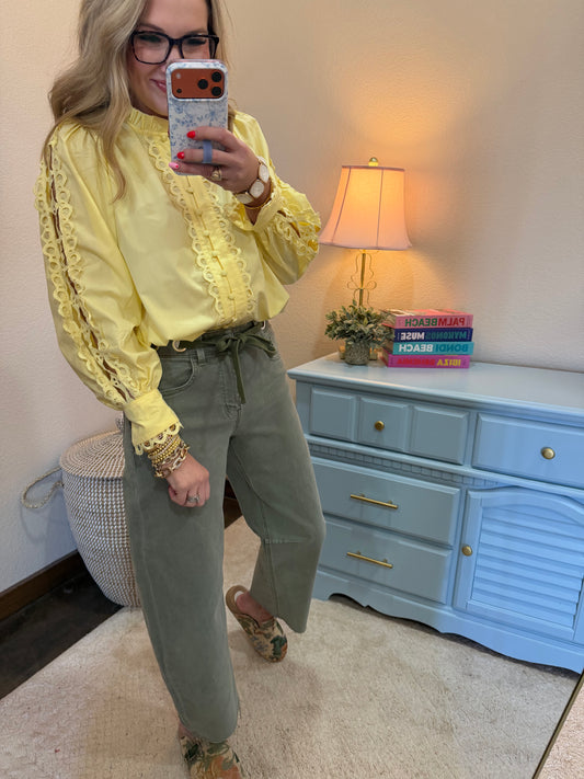 Yellow Button Down Front Detail Ruffle Neck Top