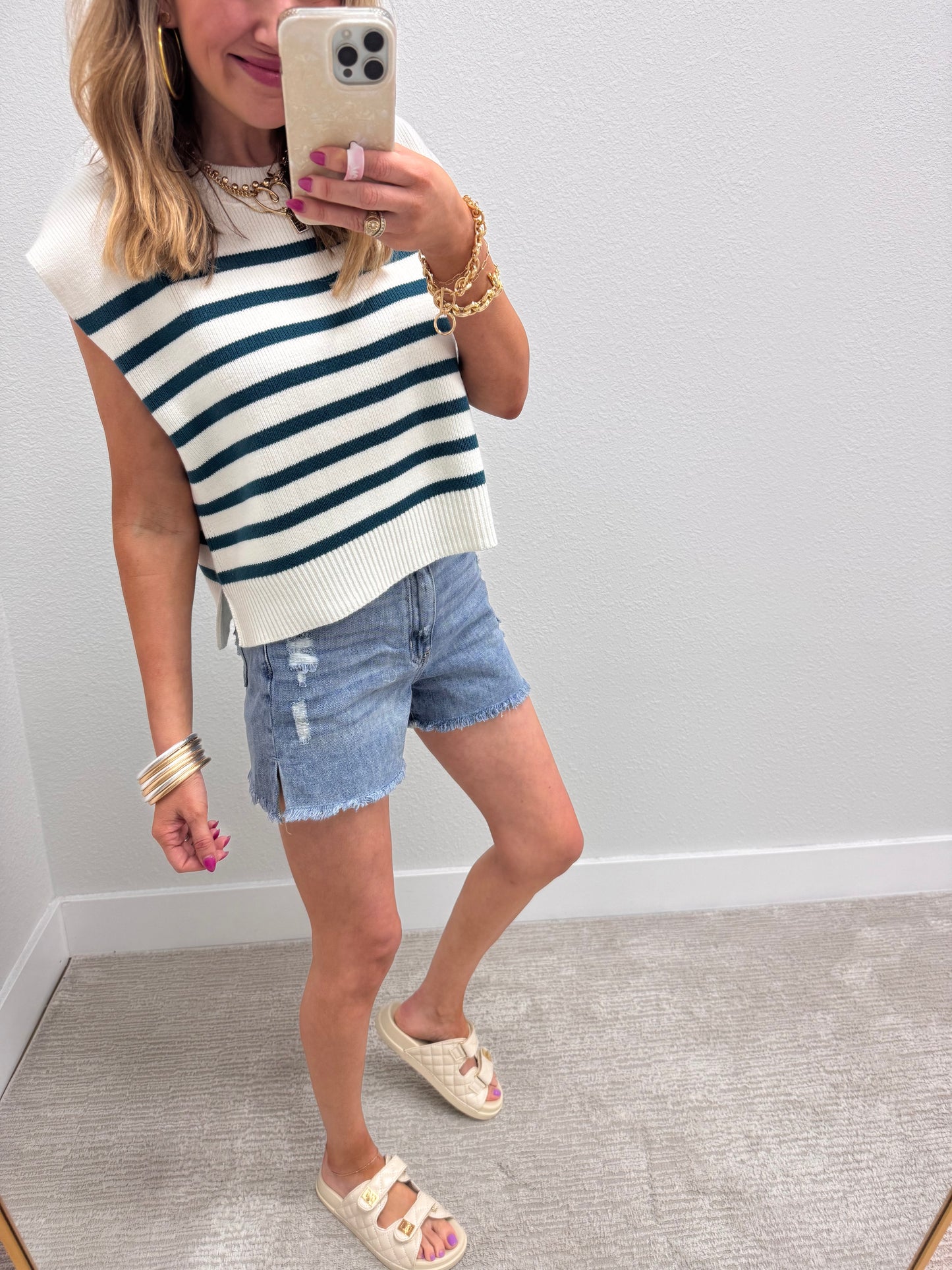 Teal and Cream Striped Sweater Vest Top