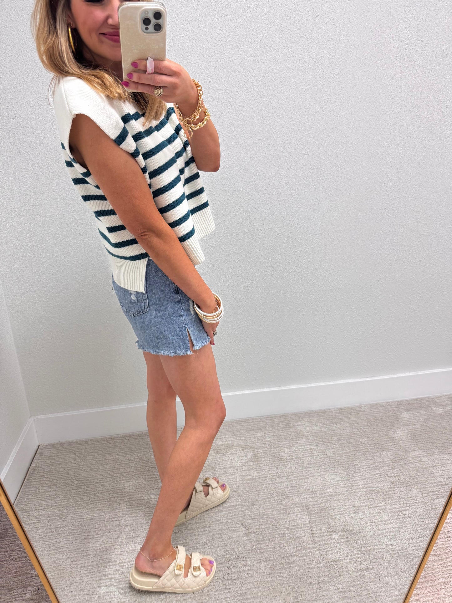 Teal and Cream Striped Sweater Vest Top