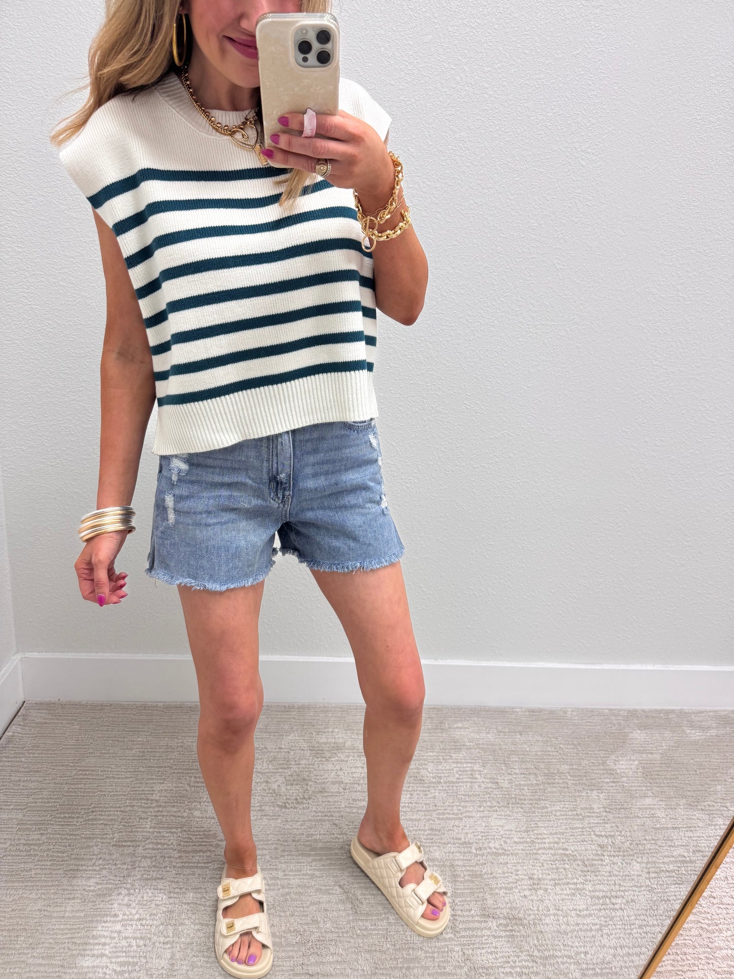 Teal and Cream Striped Sweater Vest Top