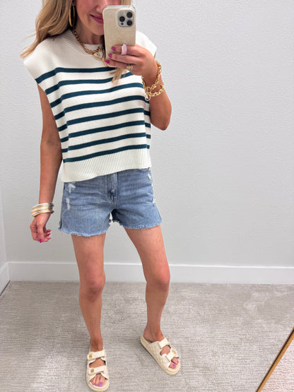 Teal and Cream Striped Sweater Vest Top
