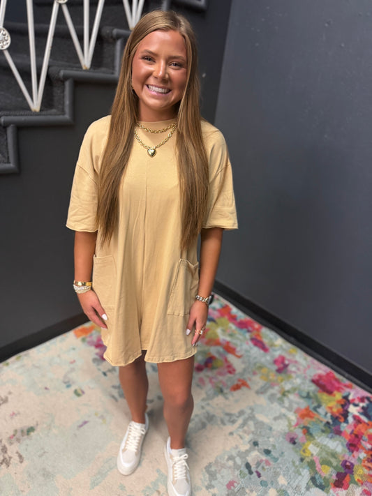 Tan Cotton Romper with Front Pockets