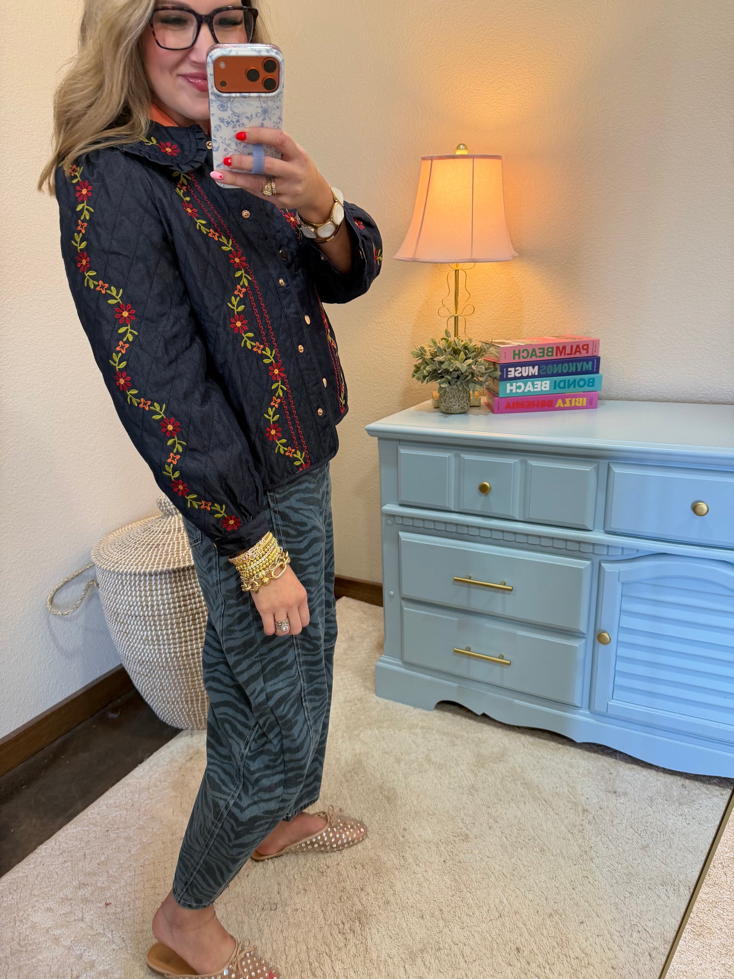 Midnight Indigo Flower Embroidered Quilted Collar Jacket