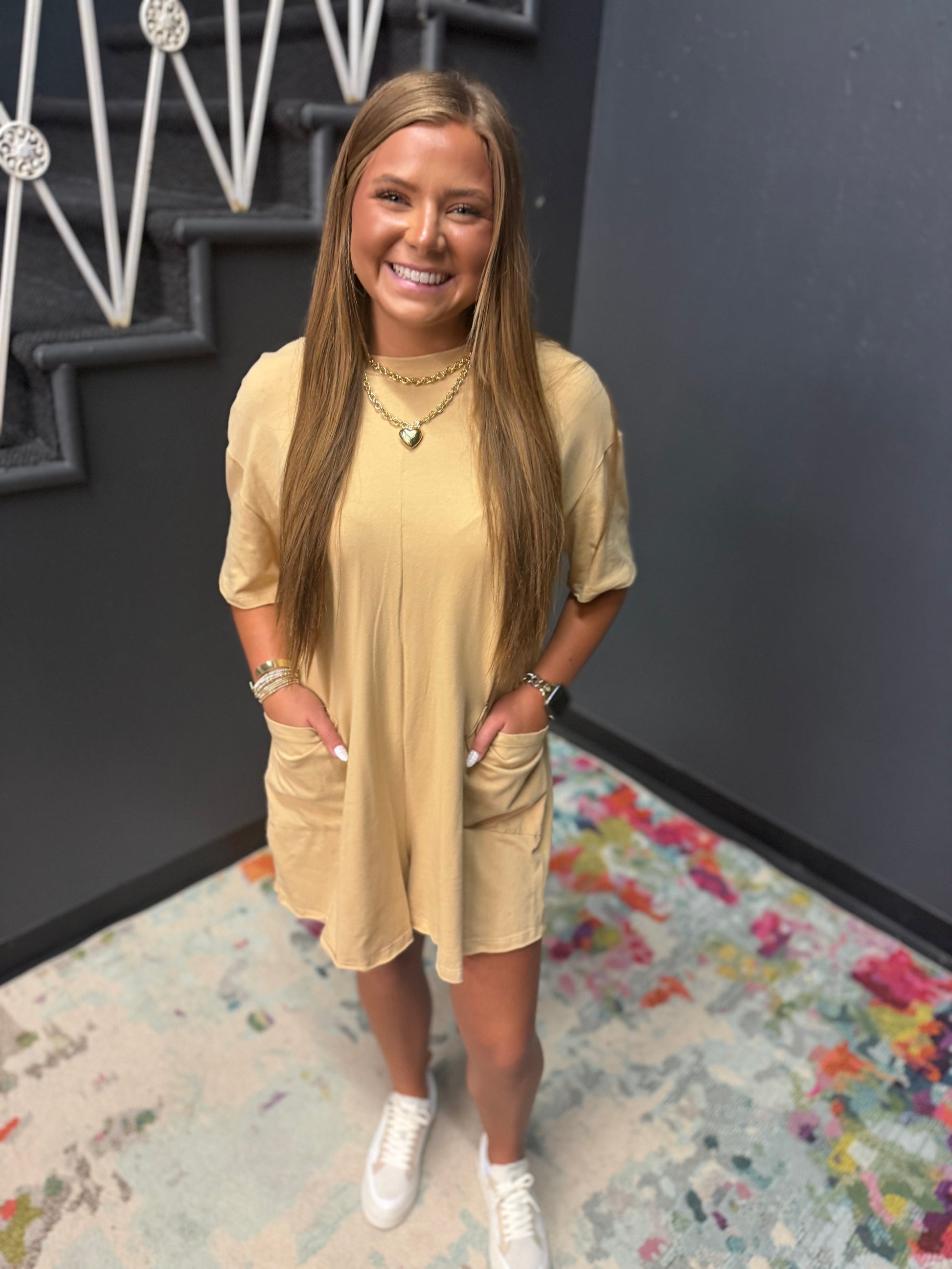 Tan Cotton Romper with Front Pockets