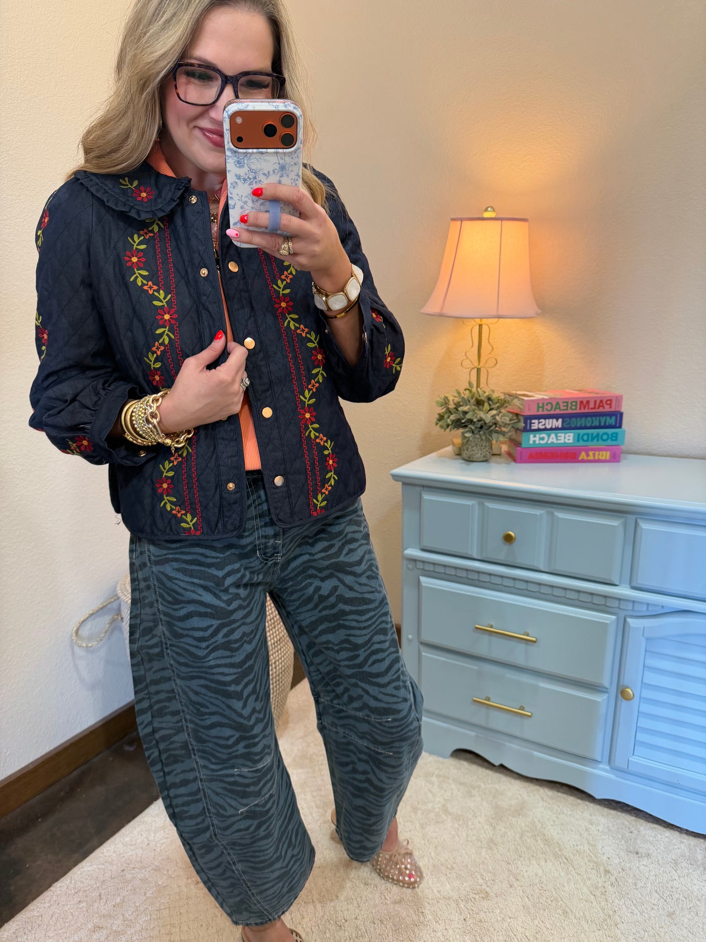 Midnight Indigo Flower Embroidered Quilted Collar Jacket