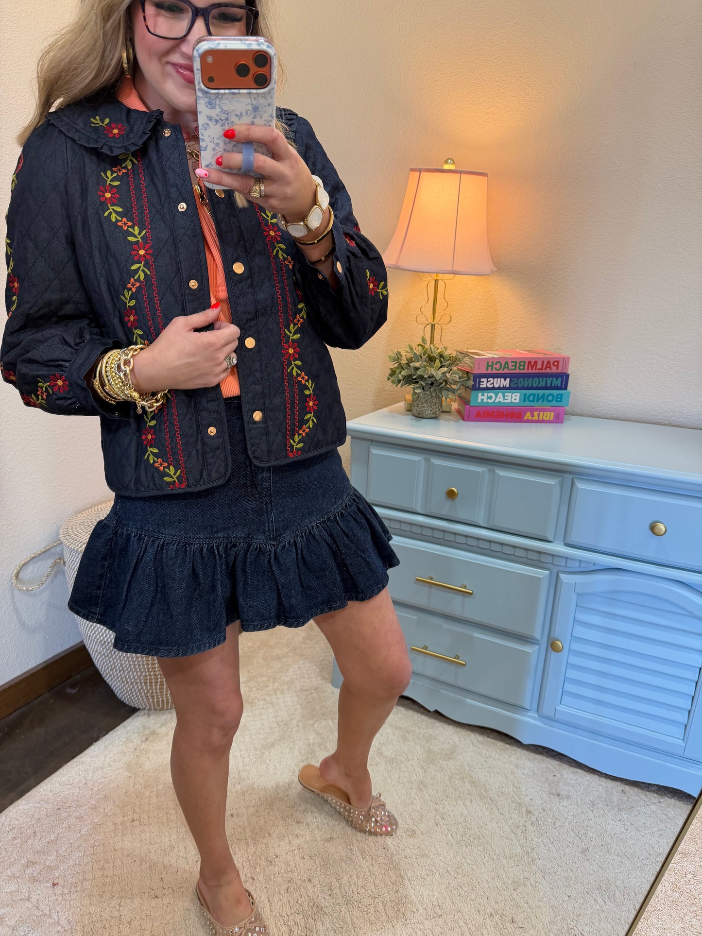 Midnight Indigo Flower Embroidered Quilted Collar Jacket