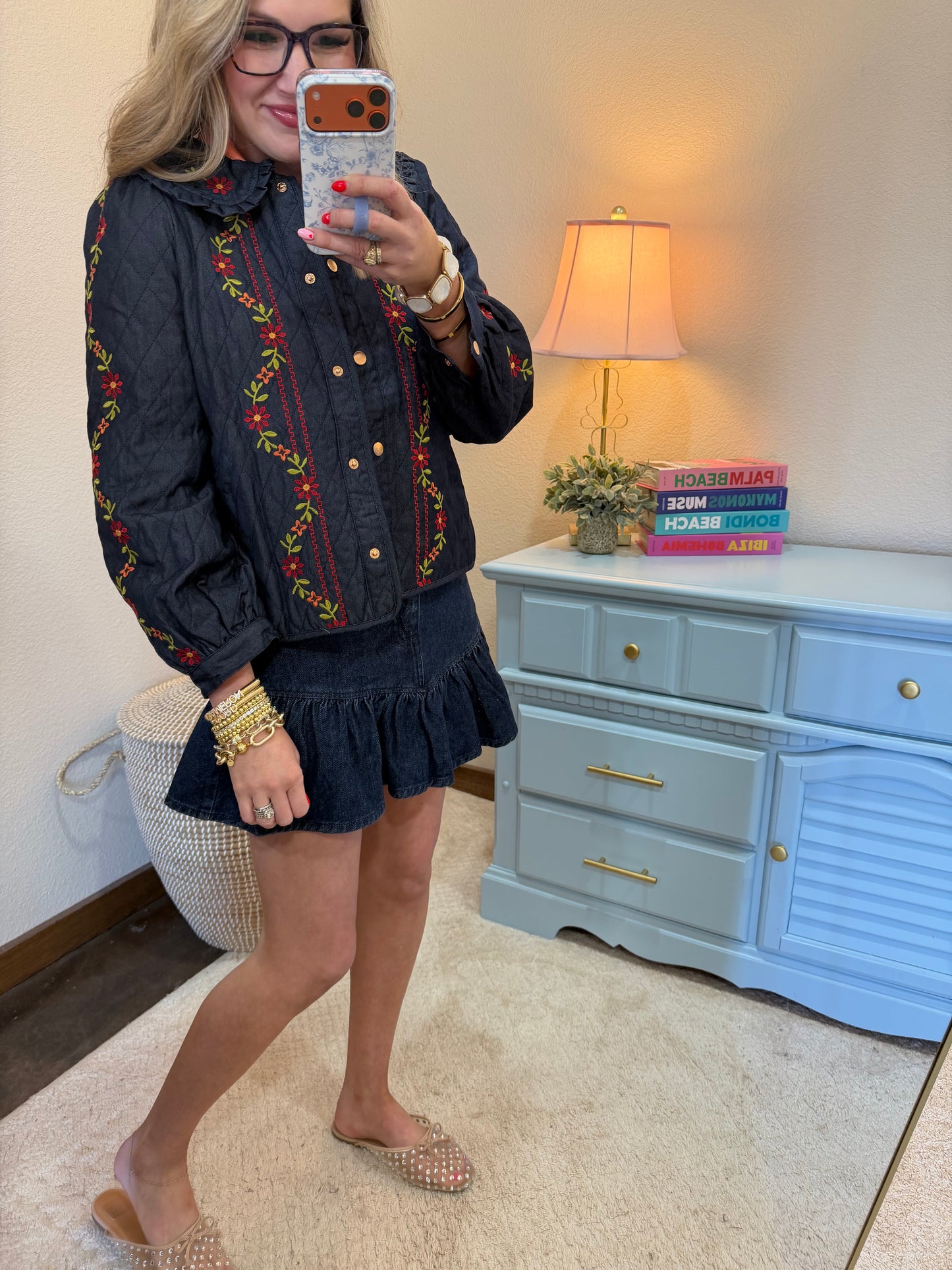 Midnight Indigo Flower Embroidered Quilted Collar Jacket