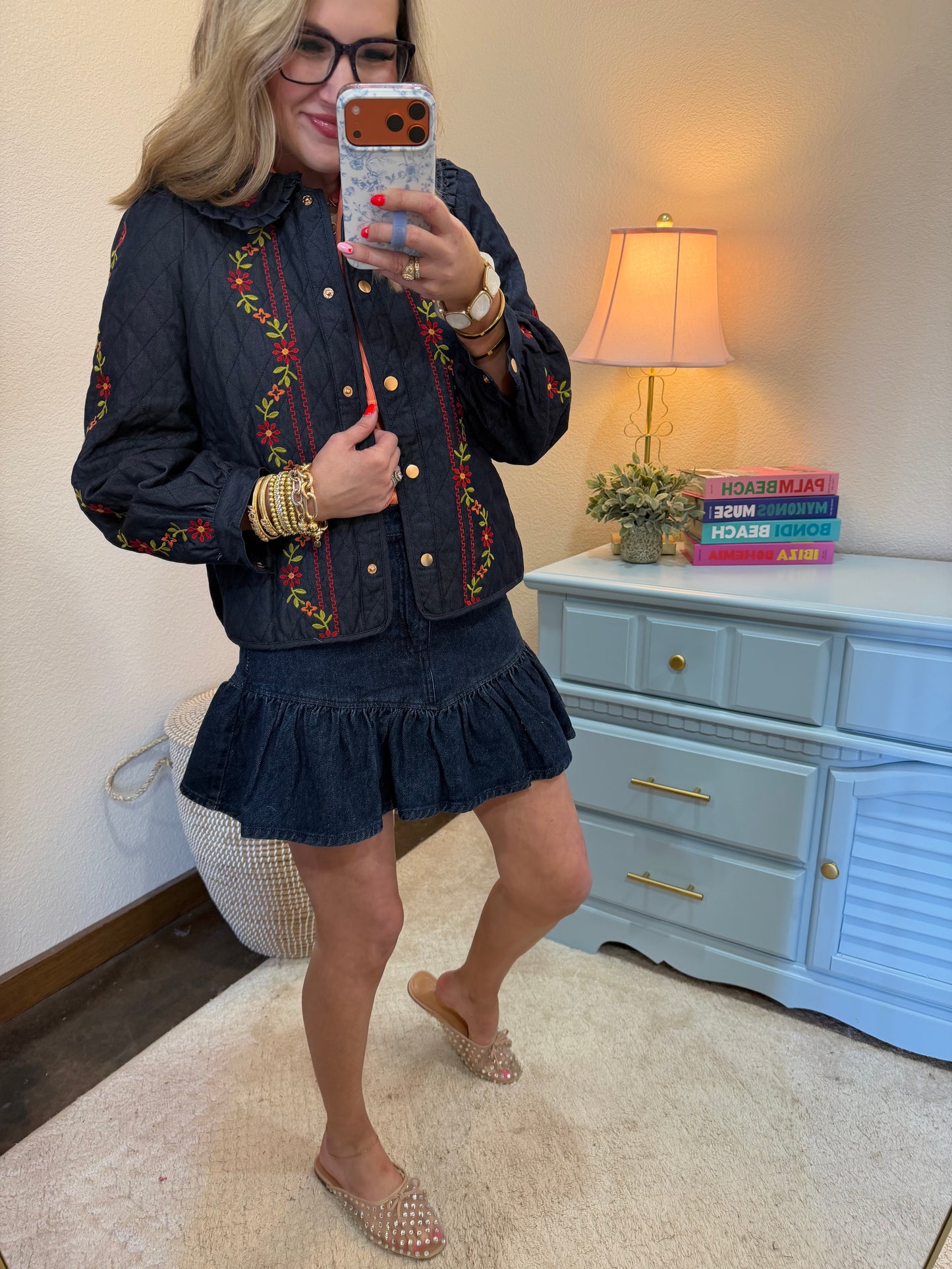 Midnight Indigo Flower Embroidered Quilted Collar Jacket