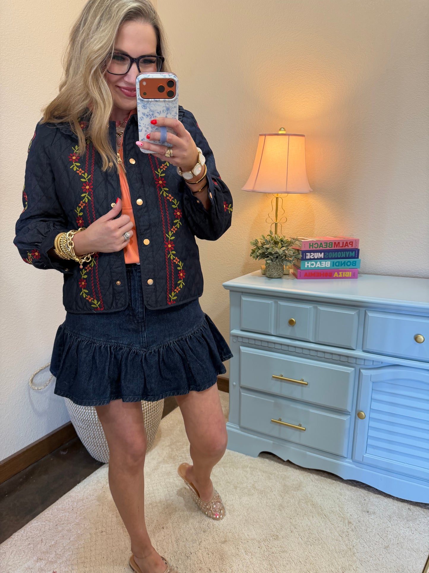 Midnight Indigo Flower Embroidered Quilted Collar Jacket