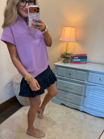 Lavender Ribbed High Neck Half Zip Top