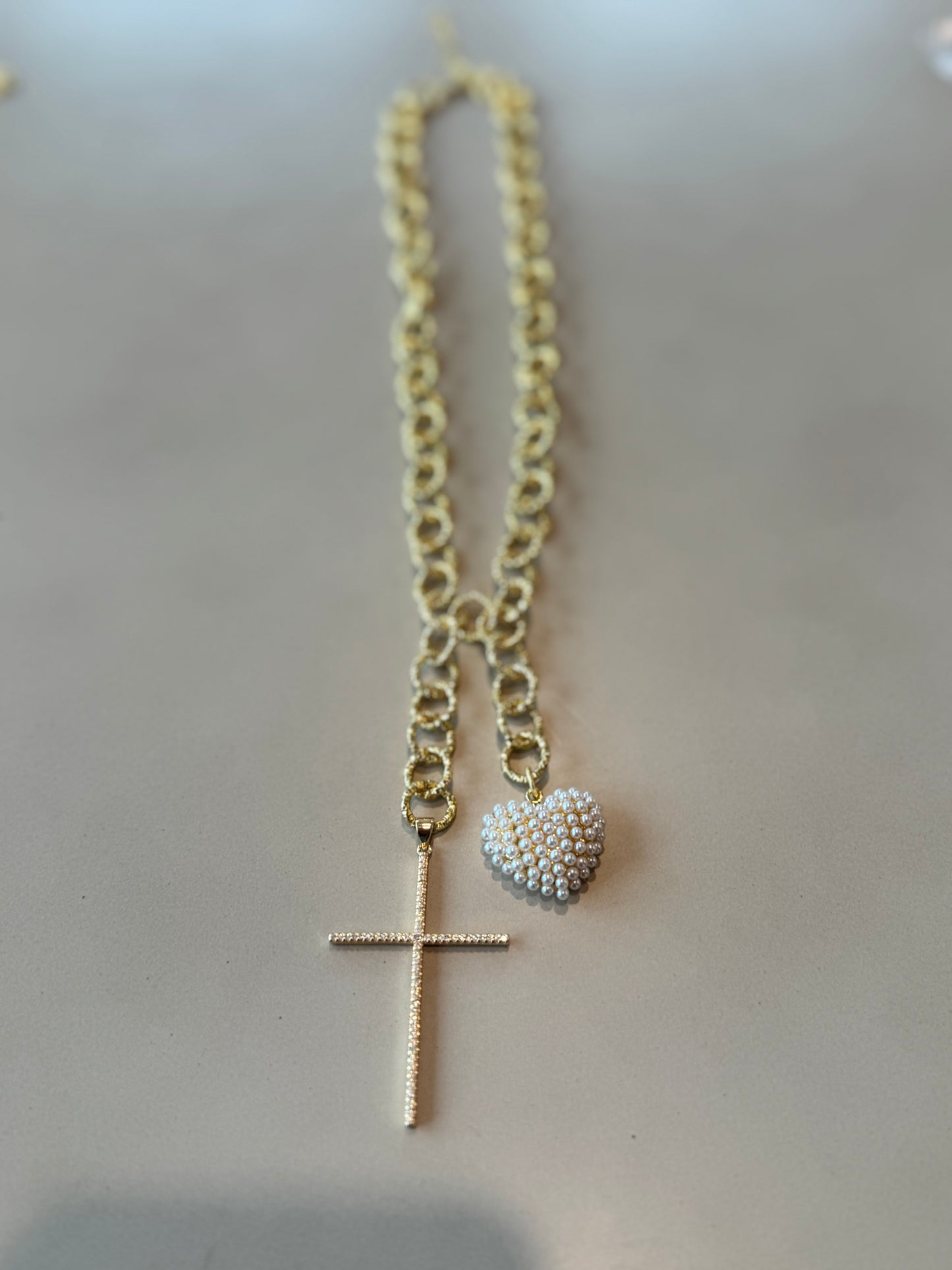 Lariat Style Pearl Heart and Cross Necklace