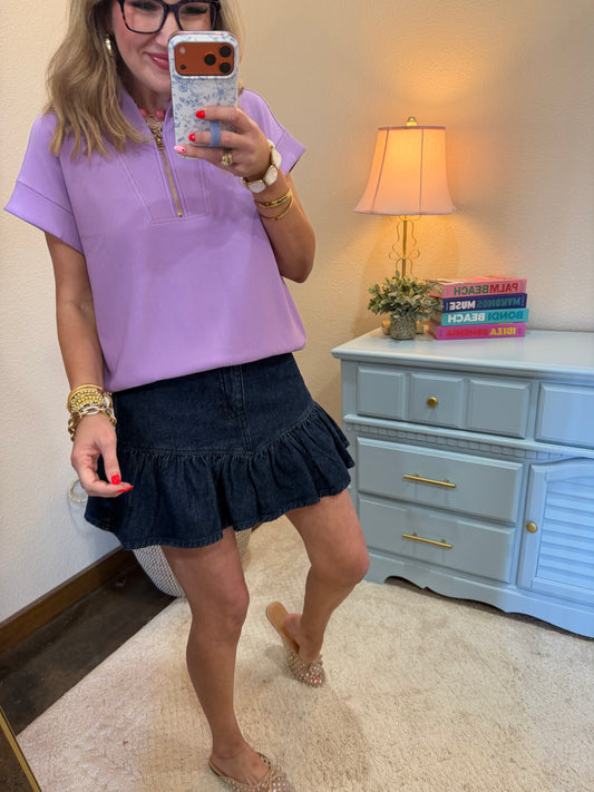 Lavender Ribbed High Neck Half Zip Top