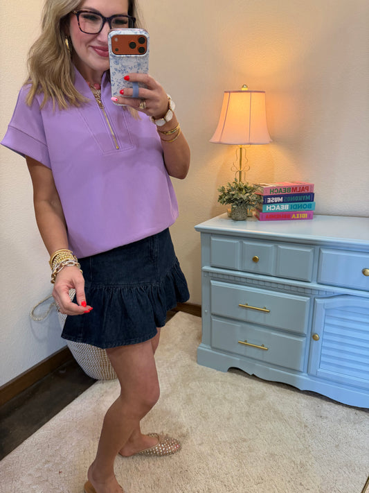 Lavender Ribbed High Neck Half Zip Top