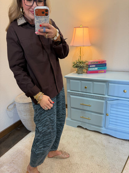 Brown Rhinestone Collar Button Down Shirt