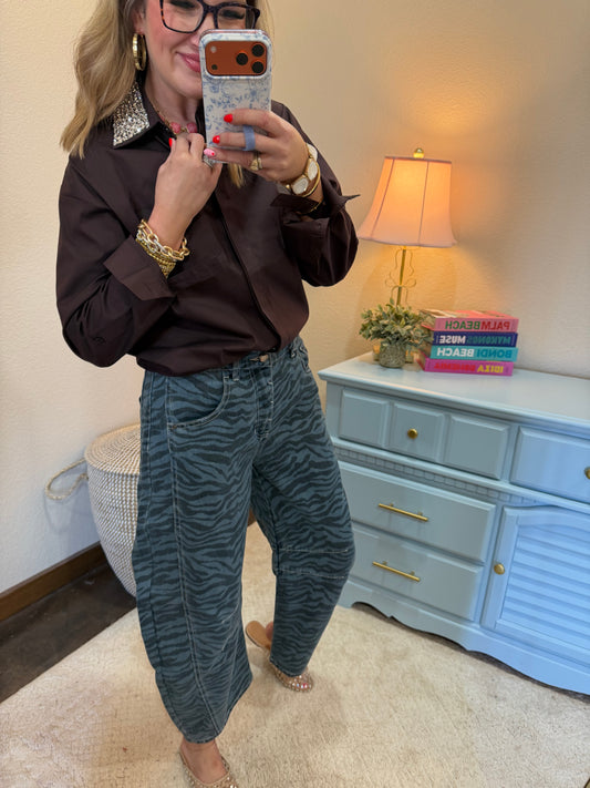 Brown Rhinestone Collar Button Down Shirt