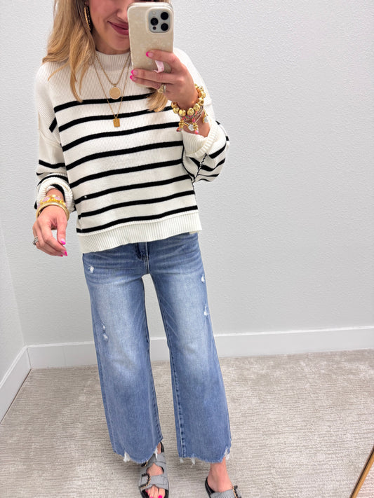 Ivory Striped Mock Neck Sweater