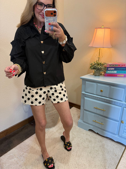 Black Heart Button Ruffle Button Down Shirt